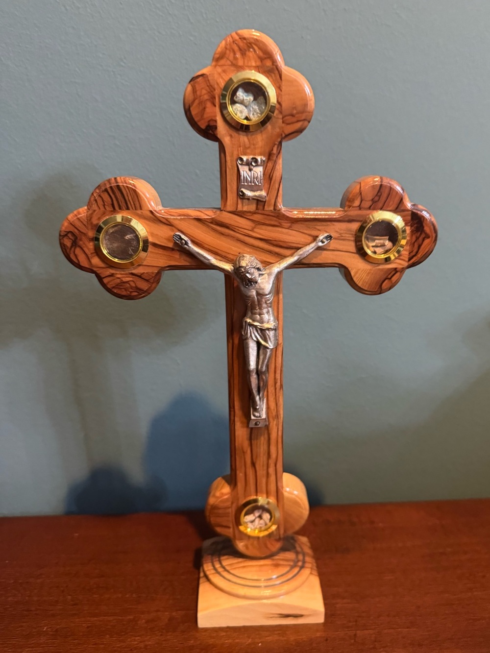 Standing Olive Wood Wall Crucifix Cross with Holy Land elements